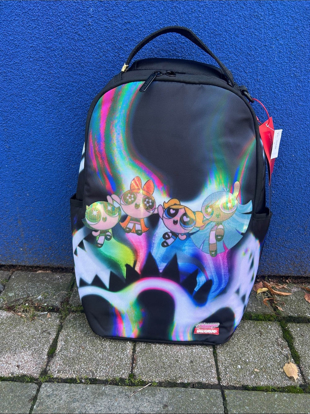 Sprayground Black Backpack with Holographic Rainbow Accents